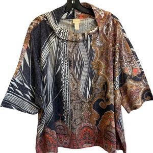 Chicos Size 2 Large Cowl Neck Boxy Top Women's Paisley Print Orange Black